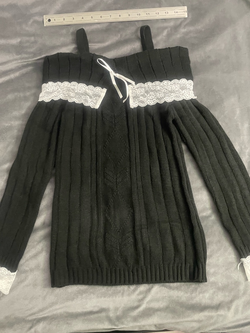 Adorable Black Sweater with White Lace Trim